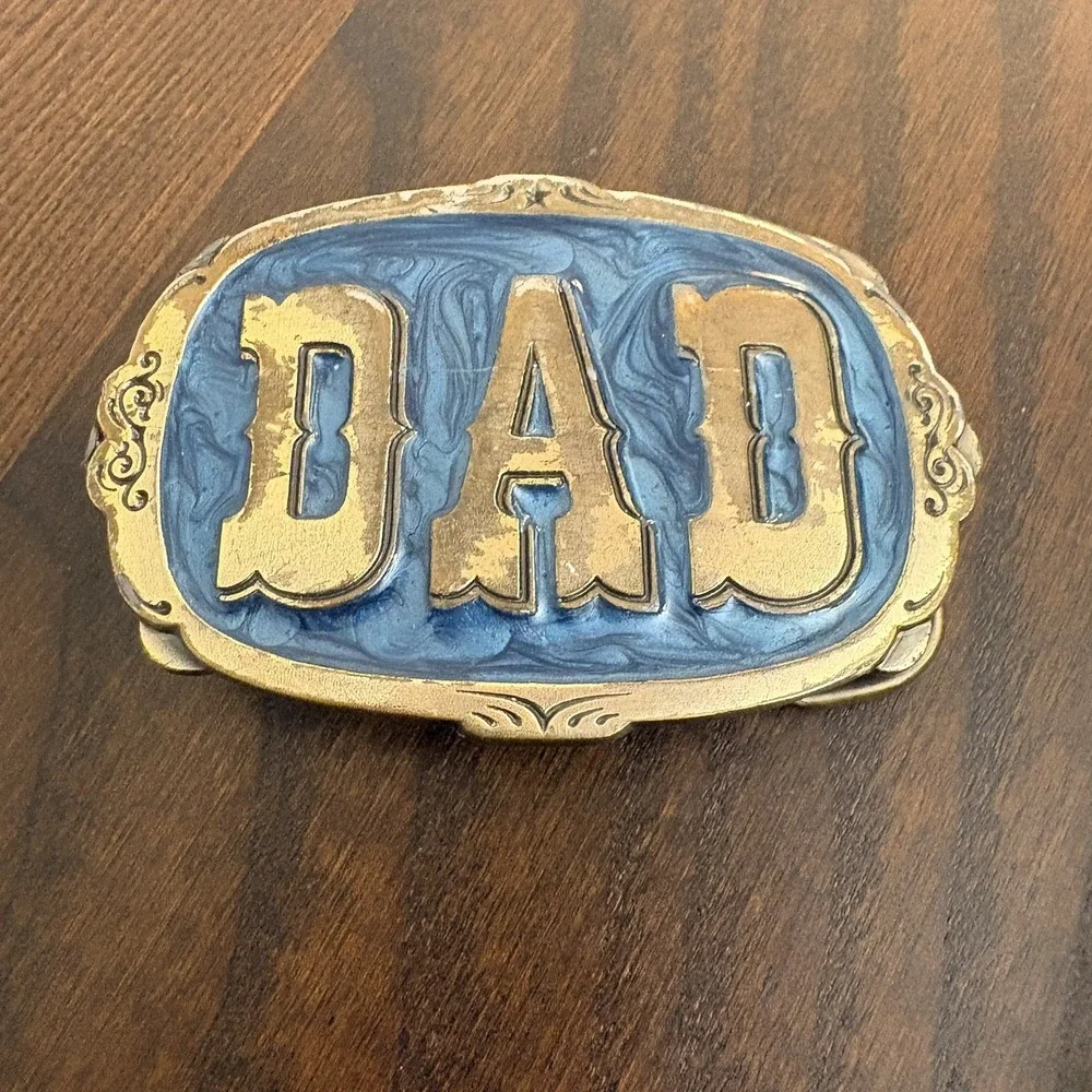 Vintage DAD Belt Buckle Blue Enamel Brass Tone Father's‎ Day Gift